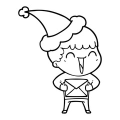 line drawing of a happy man wearing santa hat
