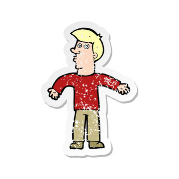 recommend clip art: retro distressed sticker of a cartoon man shrugging shoulders