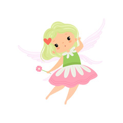 Cute Little Winged Fairy, Beautiful Girl Character in Fairy Costume with Magic Wand Vector Illustration