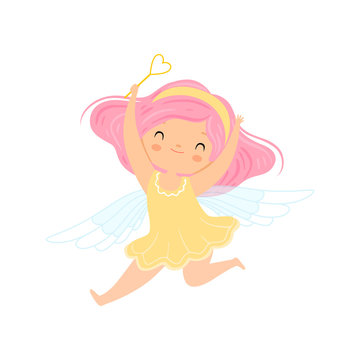Lovely Little Winged Fairy with Pink Hair, Beautiful Girl Character in Fairy Costume with Magic Wand Vector Illustration
