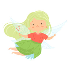 Sweet Little Winged Fairy with Green Long Hair, Cute Flying Girl Character in Fairy Costume with Magic Wand Vector Illustration