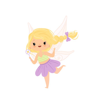 Lovely Little Winged Fairy with Blonde Hair, Beautiful Flying Girl Character in Fairy Costume with Magic Wand Vector Illustration