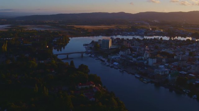 aerial view of downtown Valdivia during sunrise, Region de Los Rios, Chile