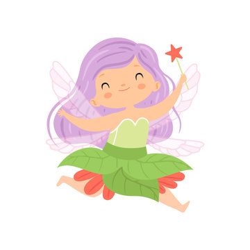 Sweet Little Winged Fairy Flying with Lilac Hair and Magic Wand, Beautiful Redhead Girl Character in Fairy Costume Vector Illustration