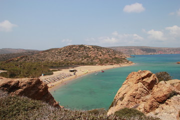View of the stunning palm beach of Vai with blue, turquoise water on Crete