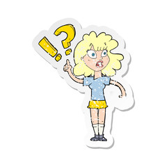 retro distressed sticker of a cartoon woman with question