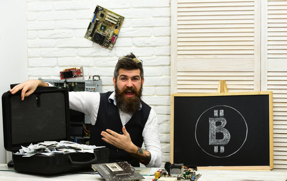 BTC mining is profitable. Bearded man with cash money. From paper money to crypto currency. Bearded hipster with bitcoin symbol and dollars. Business man in server room. Bitcoin for business