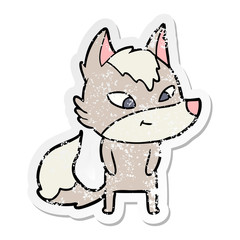 distressed sticker of a friendly cartoon wolf