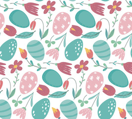 Vector seamless pattern with Easter eggs and spring flowers.