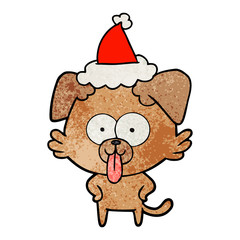 textured cartoon of a dog with tongue sticking out wearing santa hat