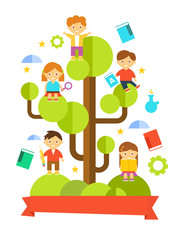 Kids Studying on Tree. Vector Illustration