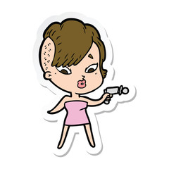 sticker of a cartoon surprised girl with ray gun
