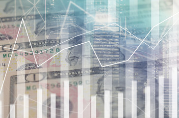 Business growth graph multiple exposure with US Dollar bank note and office business background.