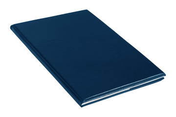 Blank dark blue leather notebook isolated on white background.