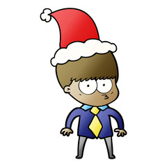 nervous gradient cartoon of a boy wearing shirt and tie wearing santa hat