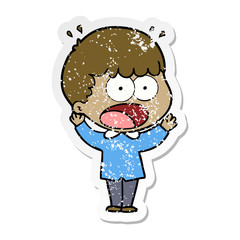 distressed sticker of a cartoon shocked man