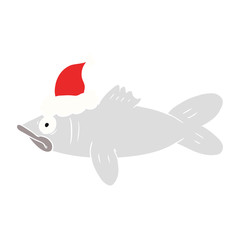 flat color illustration of a fish wearing santa hat