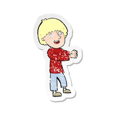 retro distressed sticker of a cartoon happy man showing