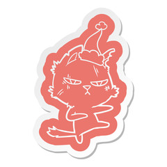 tough cartoon  sticker of a cat wearing santa hat