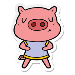 sticker of a cartoon content pig wearing t shirt