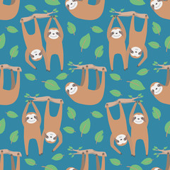 Cartoon seamless pattern with hanging sloth animals and leaves on blue background © Firn