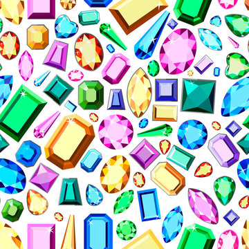 Seamless pattern of multi-colored diamonds on a white background.