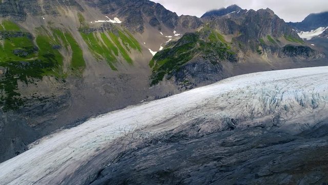 Beautiful wide angle aerial shot of an Alaskan glacier.