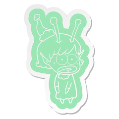 cartoon  sticker of a shocked alien girl wearing santa hat