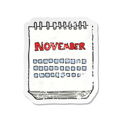 retro distressed sticker of a cartoon calendar showing month of november