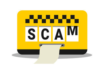 Taxi scam - taxi is cheating with meter - overcharging and expensive fare for transportartion. Vector illustration	