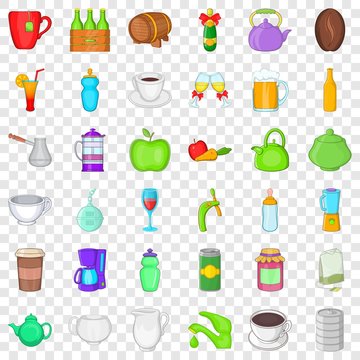Different drinks icons set. Cartoon style of 36 different drinks vector icons for web for any design