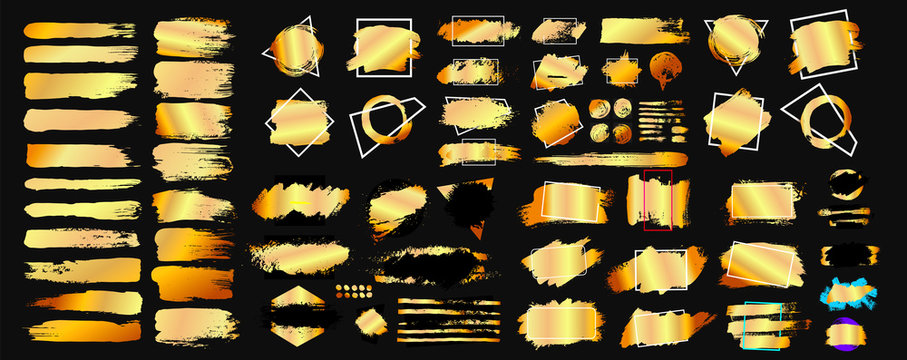 Set of golden grunge hand drawn rough box torn shapes. Edge foil frames. Distressed brush strokes, blots, borders and gold dividers. Vector illustration. Isolated on black background.