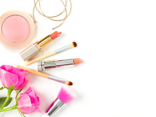 Makeup products on a white background