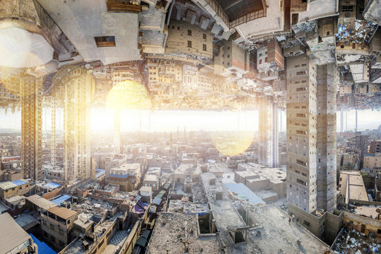 Unreal panorama of the mirror city with skyscrapers. Urban utopia of the east. Collage. Cairo.