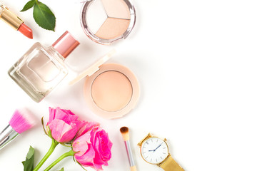 Makeup products on a white background
