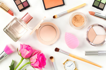 Makeup products on a white background