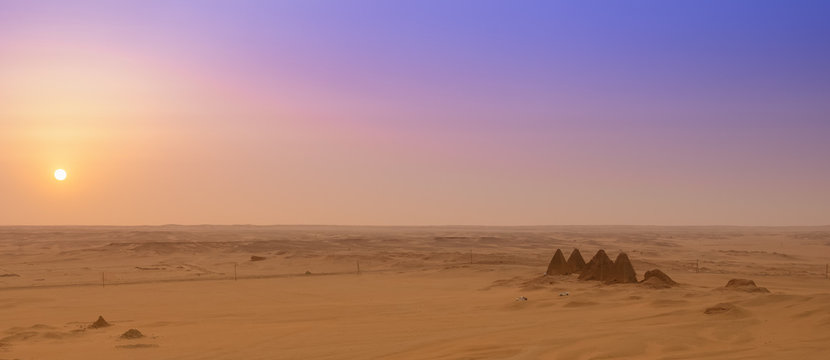 View of the pyramids of Karima, Sudan in the setting sun, sunset