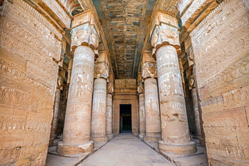 Hypostyle hall with columns in the temple of Hathor at Dendera, Egypt