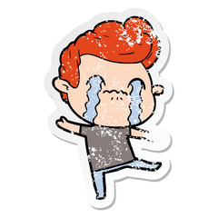 distressed sticker of a cartoon man crying