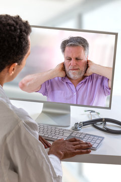 Tele-Mdicine, Tele-consultation -Doctor computer screen. Telemedicine or telehealth concept, sore neck,backhache