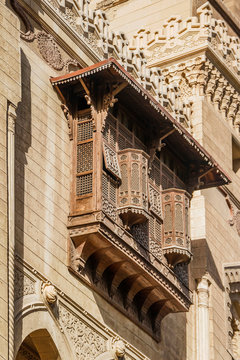 Antique wooden balcony of Imam Al Busiri Mosque, Alexandria, Egypt.