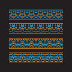 Set of colored ribbon patterns. Orange blue traditional ornaments for embroidery or frame design. Vector patterned brushes templates.