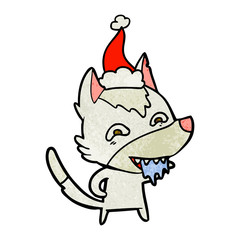 textured cartoon of a hungry wolf wearing santa hat