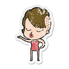 distressed sticker of a cartoon pretty hipster girl
