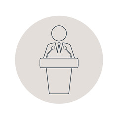 Icono plano lineal orador con micrófonos en círculo color gris