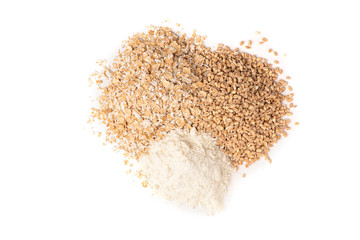Wheat,  flakes and flour isolated on white background.