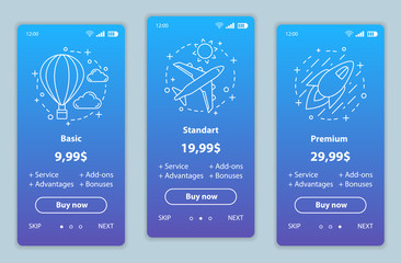 Naklejka premium Tariff plans onboarding mobile app screens vector templates