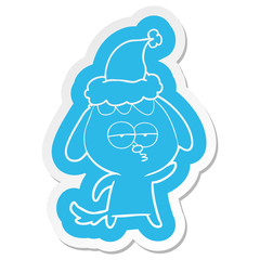 cartoon  sticker of a bored dog wearing santa hat