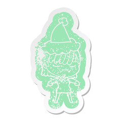 cartoon distressed sticker of a woman wearing santa hat