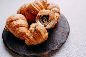 chocolate filled croissants. french bakery, continental morning meal.  sweet food, culinary background